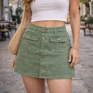 Altar'd State Olive Green Button Front Cargo Mini Skirt XS Stretch Pockets